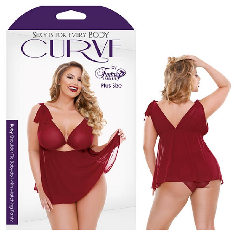 Fantasy Lingerie Curve Ruby Shoulder Tie Babydoll with Matching Panty 3X/4X